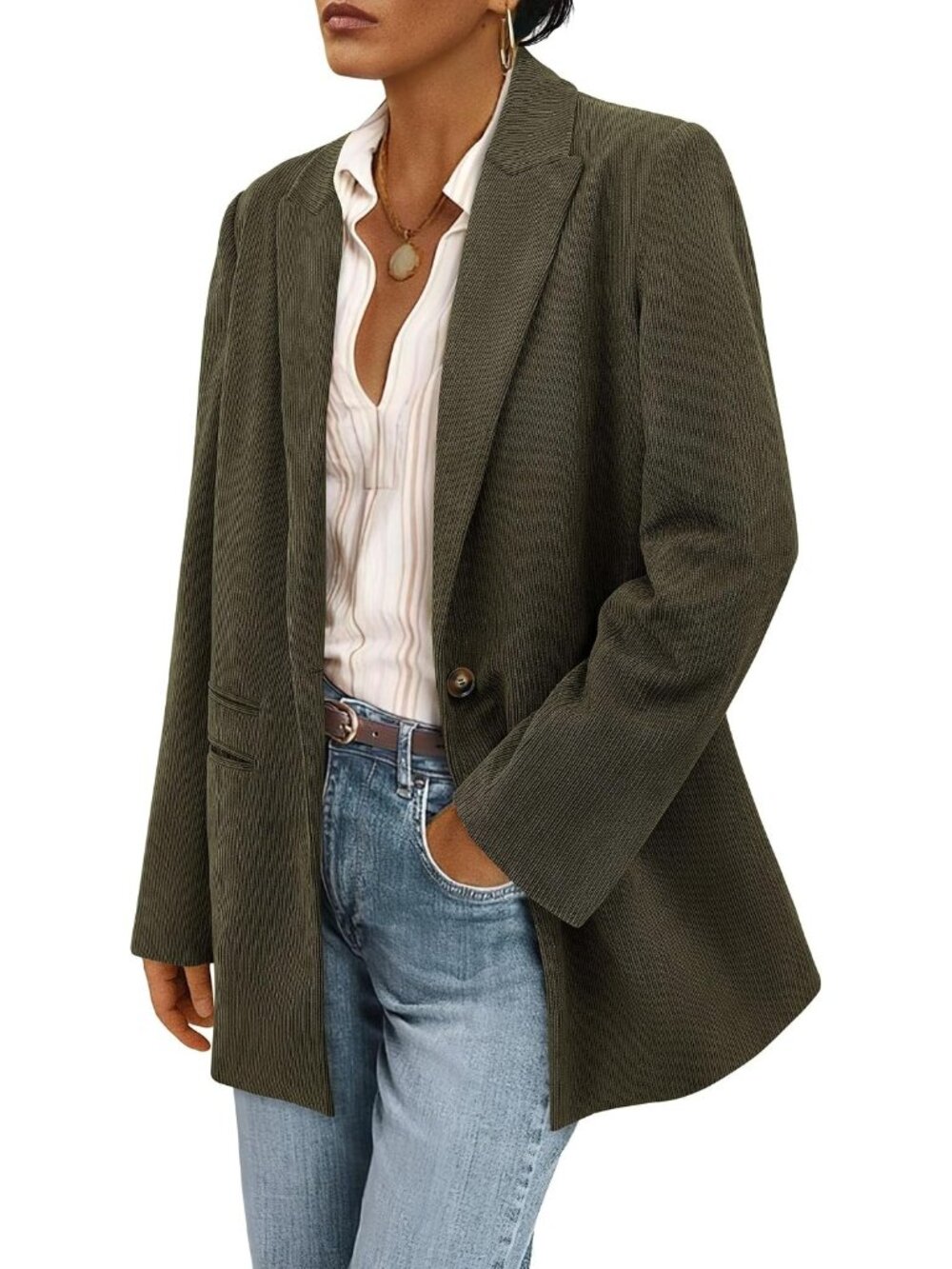 Women's Army Green Long Sleeve Lapel Button Fall Coat Corduroy Blazer Jacket